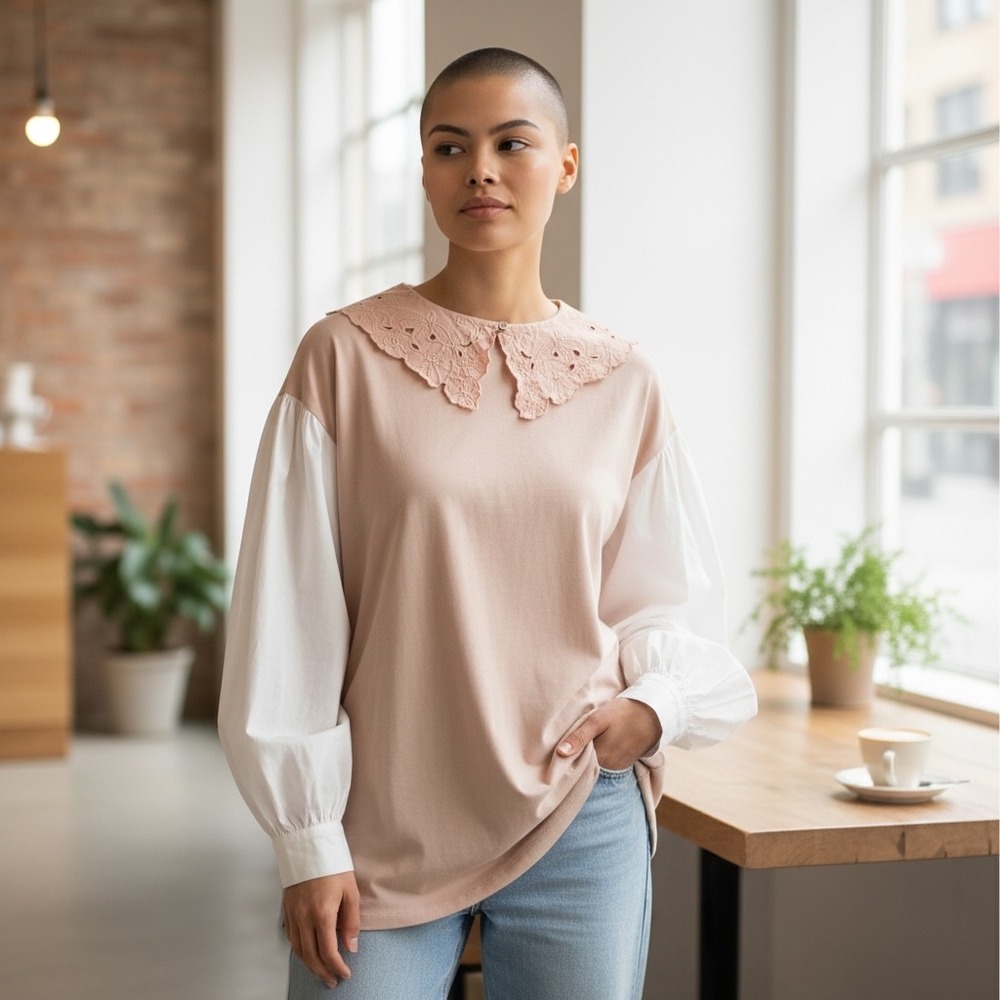 Free People Contrast Sleeve Lace Collar Tunic Top Pink White Cotton Blend Size M